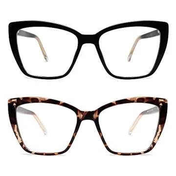 AMOMOMA Trendy TR90 Oversized Blue Light Reading Glasses Women,Stylish Square Cat Eye Glasses AM6031 C1+C6 1.5 x