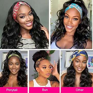 catti Body Wave Human Hair Headband Wig for Black Women Glueless None Lace Front Wigs 9A Brizilian Virgin Hair Machine Made Headband Wigs Human Hair Headband Wigs 150% Density (22" Headband wigs)