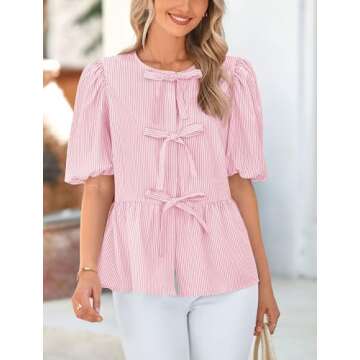 PRETTYGARDEN Women's Tie Front Striped Shirt 2025 Summer Trendy Fashion Cute Babydoll Tops Peplum Puffy Sleeve Blouse (Pink,Small)