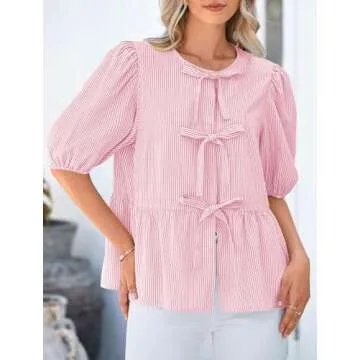 PRETTYGARDEN Women's Tie Front Striped Shirt 2025 Summer Trendy Fashion Cute Babydoll Tops Peplum Puffy Sleeve Blouse (Pink,Small)