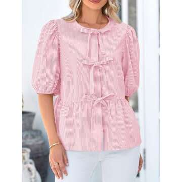 PRETTYGARDEN Women's Tie Front Striped Shirt 2025 Summer Trendy Fashion Cute Babydoll Tops Peplum Puffy Sleeve Blouse (Pink,Small)