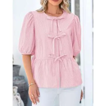 PRETTYGARDEN Women's Tie Front Striped Shirt 2025 Summer Trendy Fashion Cute Babydoll Tops Peplum Puffy Sleeve Blouse (Pink,Small)