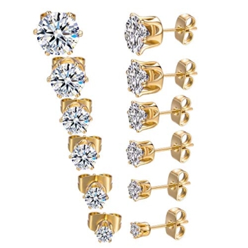 Gemsme 6 Pairs CZ Stud Earrings Set for Women 18K Gold Plated