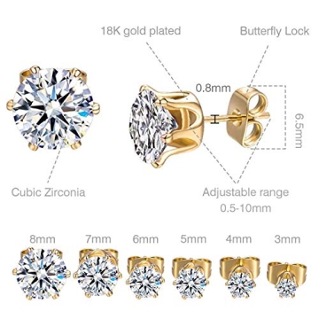 Gemsme 6 Pairs CZ Stud Earrings Set for Women 18K Gold Plated