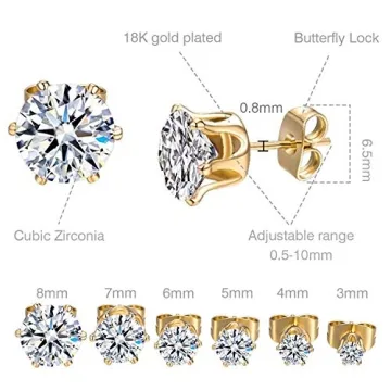 Gemsme 6 Pairs CZ Stud Earrings Set for Women 18K Gold Plated