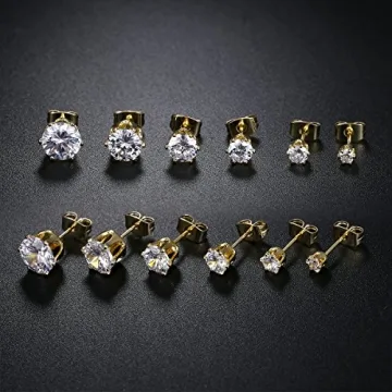 Gemsme 6 Pairs CZ Stud Earrings Set for Women 18K Gold Plated