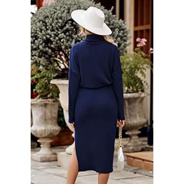 PRETTYGARDEN Women's Spring 2 Piece Matching Outfits Long Sleeve Turtleneck Ribbed Top and Midi Skirt Dress Sets (Navy,Medium)