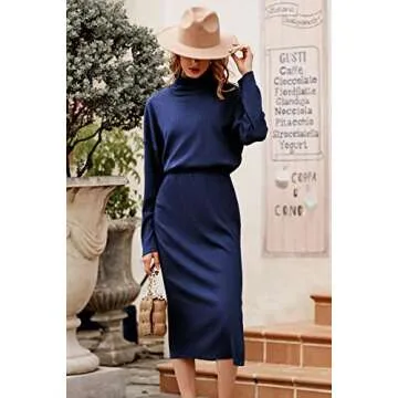 PRETTYGARDEN Women's Spring 2 Piece Matching Outfits Long Sleeve Turtleneck Ribbed Top and Midi Skirt Dress Sets (Navy,Medium)