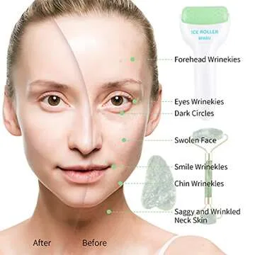 BFASU Facial Roller Set of 3, Ice Roller, Two-Sided Jade Roller and Gua Sha Massage Tool, Rolling Tool for Facial Beauty and Body Massage, Helps Reduce Puffy,Skin Care Gifts (Green)