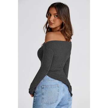 PRETTYGARDEN Women's Spring Long Sleeve Y2K Crop Top - Trendy Off Shoulder Knit Tee (Black, Large)