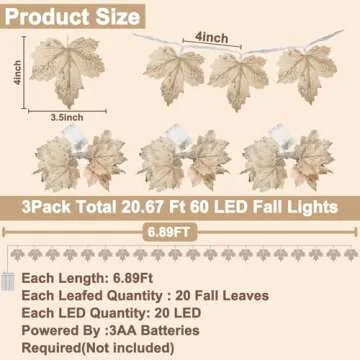 [ Timer & 3 Pack ] Fall Lighted Garland Thanksgiving Decorations, 20Ft 60LED Autumn Maples Leafed Garland Waterproof Battery Operated Fall Decorations for Home Mantle Thanksgiving Decor Indoor Outdoor