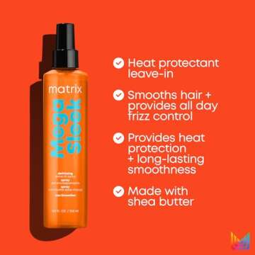 Matrix Mega Sleek Iron Smoother Defrizzing Leave-In Spray - Heat Protectant, Lasting Smoothness, & Anti-Frizz, For All Hair Types, With Shea Butter, 8.5 Fl Oz