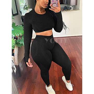 YOFIT Exercise Outfits for Women 2 Pieces Seamless Yoga Outfits Gym Crop Top and Leggings Set Black Tracksuits 2 Piece