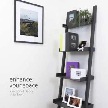 Kiera Grace Providence Hadfield 5 Tier Ladder Shelf Modern Leaning Bookshelf Storage Rack for Home, Office, 18" x 67", Black