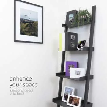 Kiera Grace Providence Hadfield 5 Tier Ladder Shelf Modern Leaning Bookshelf Storage Rack for Home, Office, 18" x 67", Black