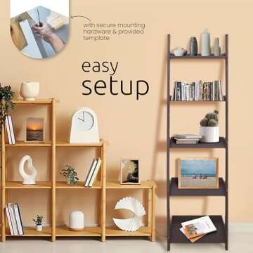 Kiera Grace Providence Hadfield 5 Tier Ladder Shelf Modern Leaning Bookshelf Storage Rack for Home, Office, 18" x 67", Black