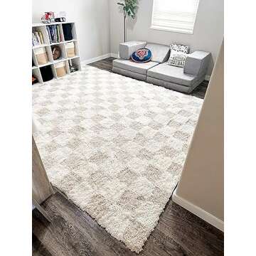 BoutiqueRugs Atira Modern Checkered Shag Area Rug - High Pile Fluffy Shaggy Carpet for Kids Room, Nursery, Living Room, Bedroom - Beige, Cream, White - 5'3" x 7'3" (5x7)