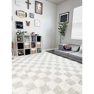 BoutiqueRugs Atira Modern Checkered Shag Area Rug - High Pile Fluffy Shaggy Carpet for Kids Room, Nursery, Living Room, Bedroom - Beige, Cream, White - 5'3" x 7'3" (5x7)