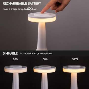 O’Bright Portable LED Table Lamp with Touch Sensor, 3-Levels Brightness, Rechargeable Battery Up t...