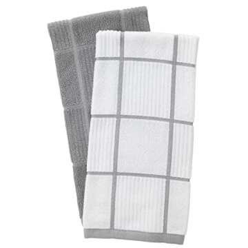 T-fal Textiles 60954 2-Pack Solid & Check Parquet Design 100-Percent Cotton Kitchen Dish Towel, Gray, Solid/Check-2 Pack
