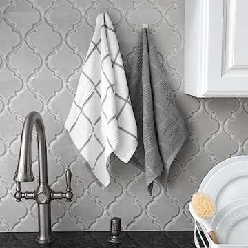 T-fal Textiles 60954 2-Pack Solid & Check Parquet Design 100-Percent Cotton Kitchen Dish Towel, Gray, Solid/Check-2 Pack
