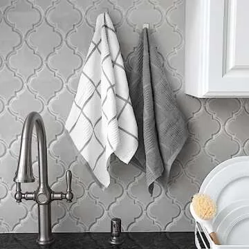 T-fal Textiles 60954 2-Pack Solid & Check Parquet Design 100-Percent Cotton Kitchen Dish Towel, Gray, Solid/Check-2 Pack