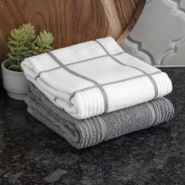 T-fal Textiles 60954 2-Pack Solid & Check Parquet Design 100-Percent Cotton Kitchen Dish Towel, Gray, Solid/Check-2 Pack