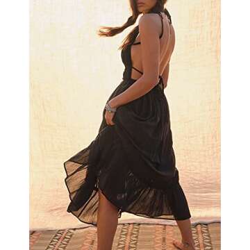 HeSaYep Sexy Dress for Women Summer Backless Flowy Dress Spaghetti Strap Maxi Dress with Pockets, Black S