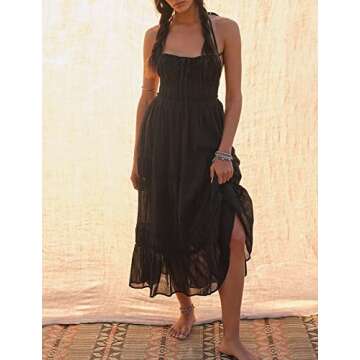 HeSaYep Sexy Dress for Women Summer Backless Flowy Dress Spaghetti Strap Maxi Dress with Pockets, Black S