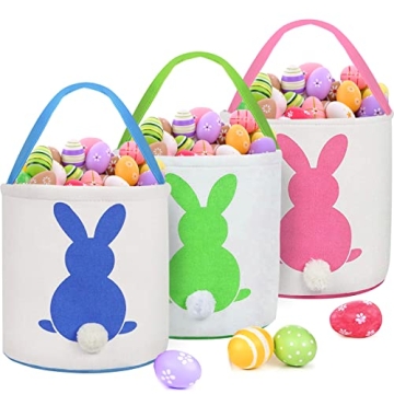 TOPLEE 3 PCS Easter Eggs Hunt Basket for Kids Canvas Bunny Basket Egg Bags Rabbit Fluffy Tails Party...