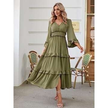 Amegoya Women's V Neck Long Sleeve Boho Maxi Dress Smocked Empire Waist Flowy Ruffle Tiered Photosho...
