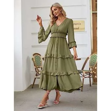 Amegoya Women's V Neck Long Sleeve Boho Maxi Dress Smocked Empire Waist Flowy Ruffle Tiered Photoshoot Dress (Army Green L)