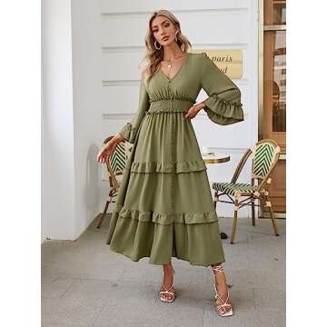 Amegoya Women's V Neck Long Sleeve Boho Maxi Dress Smocked Empire Waist Flowy Ruffle Tiered Photoshoot Dress (Army Green L)