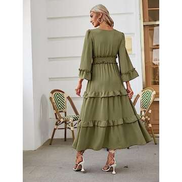 Amegoya Women's V Neck Long Sleeve Boho Maxi Dress Smocked Empire Waist Flowy Ruffle Tiered Photoshoot Dress (Army Green L)