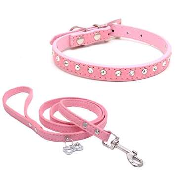 Dogs Kingdom 10 "-16.5" Total Length Suede Skin Jeweled Rhinestones Pet Dog Collar Leash Set Sparkly...