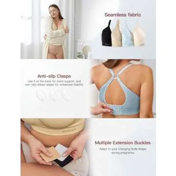 HOFISH 3 Pack Nursing Bras for Breastfeeding, Seamless Wireless V Neck Maternity Bra for Women, Pregnancy Sleep Comfortable Bralette Beige Black Blue, Medium