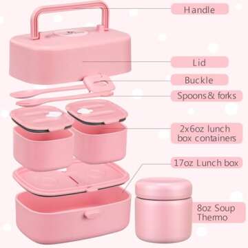 Bento Lunch Box with 8oz Soup Thermo for Kids Leak-Proof Food Containers 3 Compartments with Lunch B...