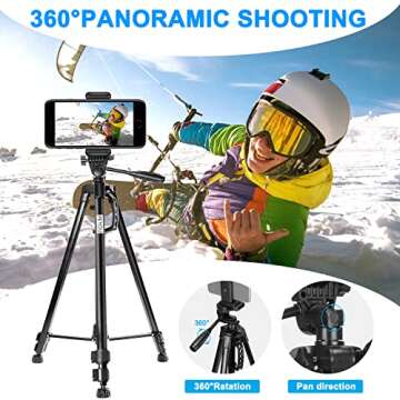 PEYOU 63" Camera Phone Tripod, Aluminum Extendable Tripod with Remote, Travel Tripod with Cell Phone Holder, 1/4” Mounting Screw for Mirrorless/Gopro/DSLR Camera, Carry Bag, Max Load 8 Lbs