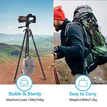 PEYOU 63" Camera Phone Tripod, Aluminum Extendable Tripod with Remote, Travel Tripod with Cell Phone Holder, 1/4” Mounting Screw for Mirrorless/Gopro/DSLR Camera, Carry Bag, Max Load 8 Lbs