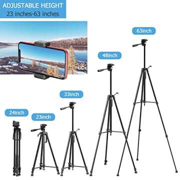 PEYOU 63" Camera Phone Tripod, Aluminum Extendable Tripod with Remote, Travel Tripod with Cell Phone Holder, 1/4” Mounting Screw for Mirrorless/Gopro/DSLR Camera, Carry Bag, Max Load 8 Lbs