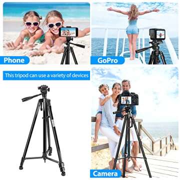 PEYOU 63" Camera Phone Tripod, Aluminum Extendable Tripod with Remote, Travel Tripod with Cell Phone Holder, 1/4” Mounting Screw for Mirrorless/Gopro/DSLR Camera, Carry Bag, Max Load 8 Lbs