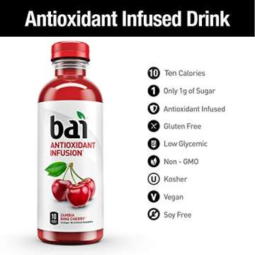 Bai Flavored Water, Zambia Bing Cherry, Antioxidant Infused Drinks, 18 Fl Oz (Pack of 12)