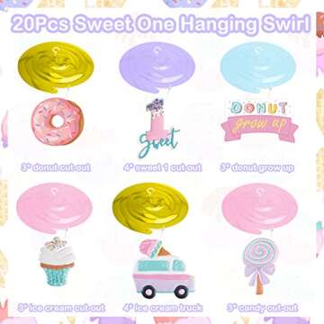 Pastel Ice Cream Sweet One First Birthday Party Decorations, Ice Cream and Donut Party Hanging Swirl, Summer Ice Cream Party Ceiling Hanging Streamers for Ice Cream 1st Bday Girls Donut Party Supplies