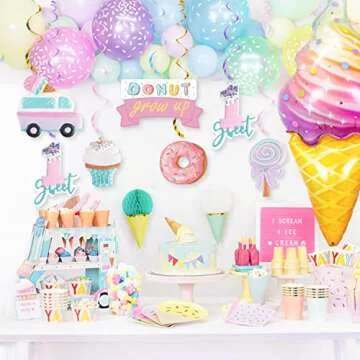 Pastel Ice Cream Sweet One First Birthday Party Decorations, Ice Cream and Donut Party Hanging Swirl, Summer Ice Cream Party Ceiling Hanging Streamers for Ice Cream 1st Bday Girls Donut Party Supplies