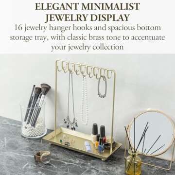 MyGift 14 Inch Brass Metal Jewelry Organizer Stand for Necklaces with 20 Hooks and Ring Tray