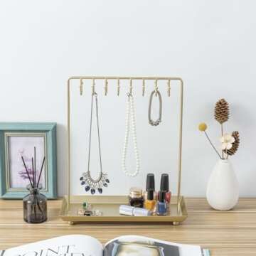 MyGift 14 Inch Brass Metal Jewelry Organizer Stand for Necklaces with 20 Hooks and Ring Tray
