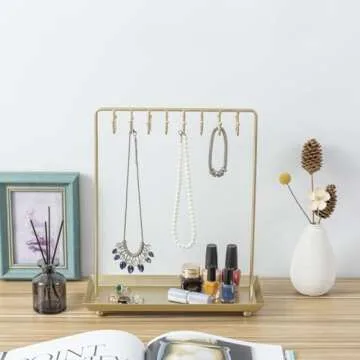 MyGift 14 Inch Brass Metal Jewelry Organizer Stand for Necklaces with 20 Hooks and Ring Tray