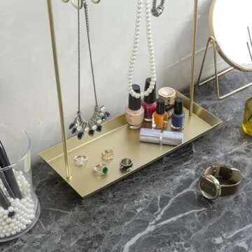 MyGift 14 Inch Brass Metal Jewelry Organizer Stand for Necklaces with 20 Hooks and Ring Tray