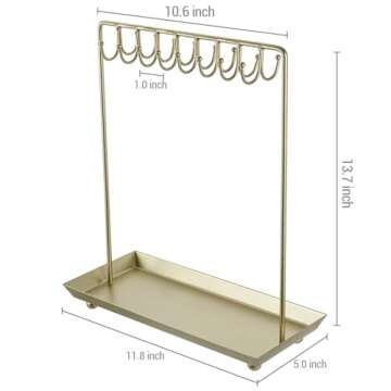 MyGift 14 Inch Brass Metal Jewelry Organizer Stand for Necklaces with 20 Hooks and Ring Tray