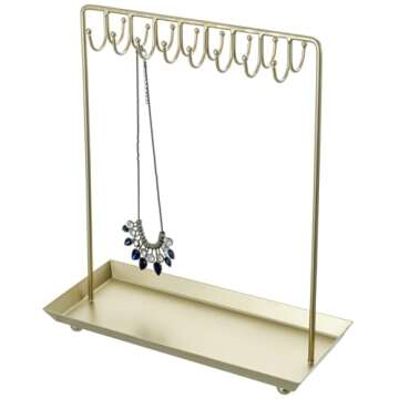 MyGift 14 Inch Brass Metal Jewelry Organizer Stand for Necklaces with 20 Hooks and Ring Tray